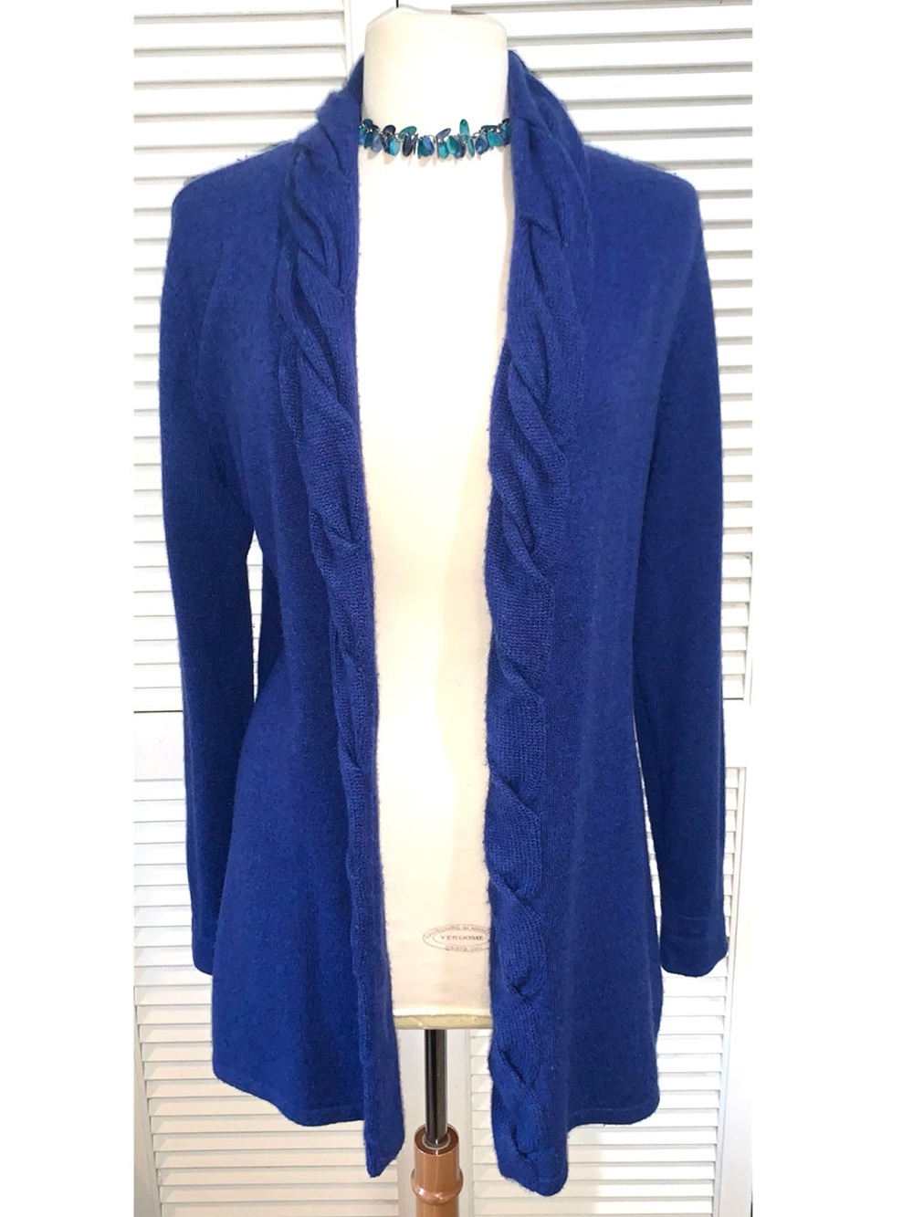 MAGASCHONI 100% Cashmere Open Front Cable Knit Cardigan Blue Large EUC